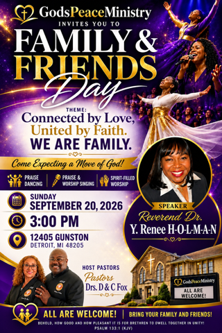 GodsPeace Ministry invites you to Family & Friends Day — Sunday September 20, 2026 at Godspeace Ministry, Detroit